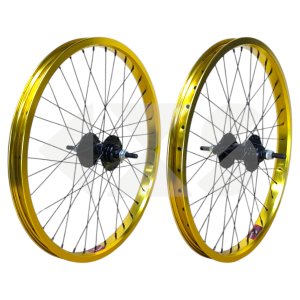 Σετ Τροχών Custom ΒΜΧ JETSET Αλουμινίου 6061T6 Gold μονόπατο 20&quot; με  Ανοιχτά Ρουλεμάν - Άξονας 10mm - 36 Ακτίνες Black/Gold Ano.